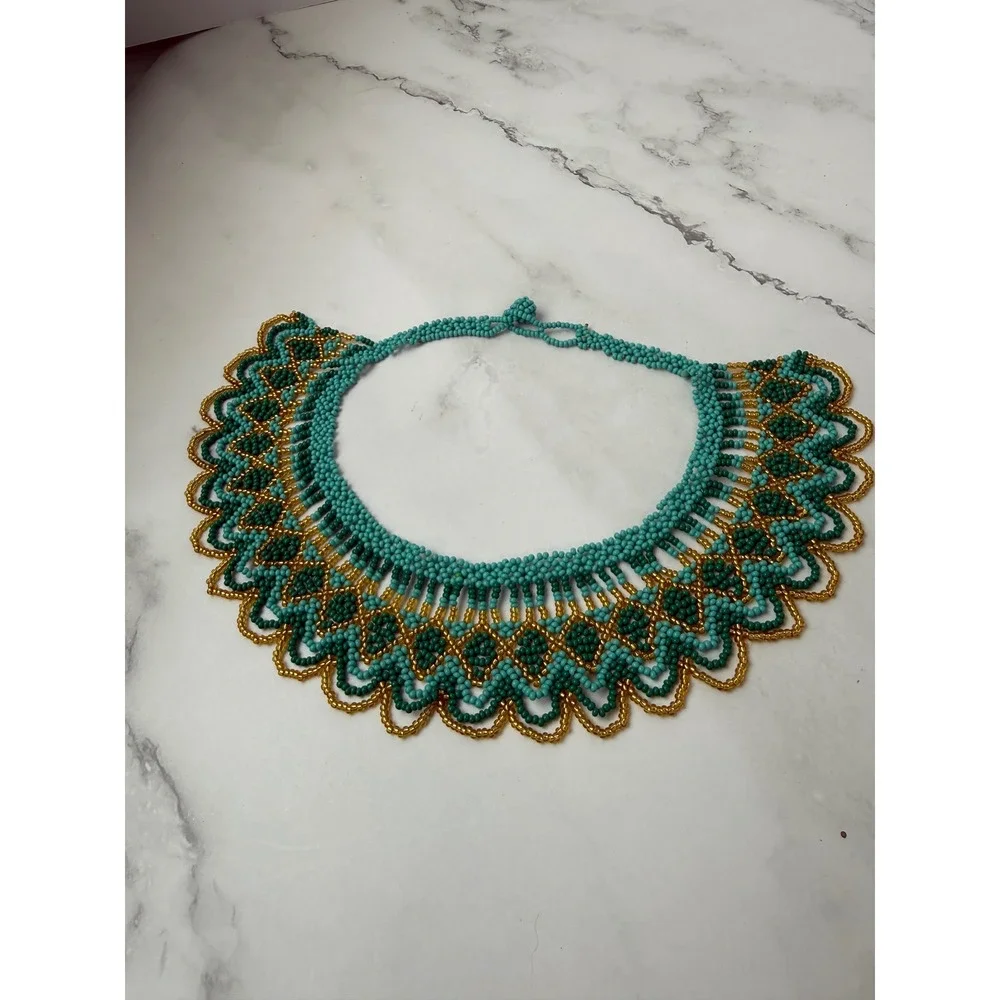 Handmade Artesanal Colorful Beaded Necklace Teal Festival Boho